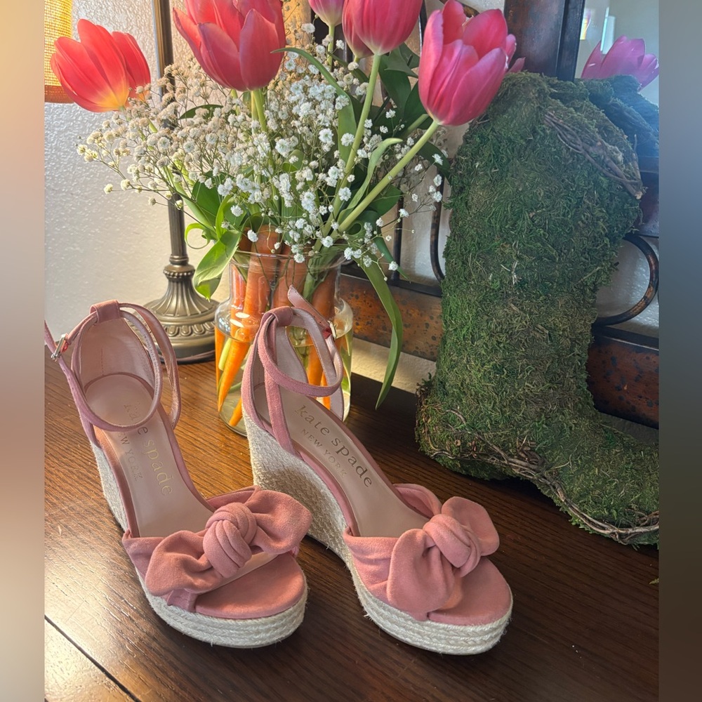 kate spade pink suede knotted espadrille wedge sandals - Picture 2 of 6